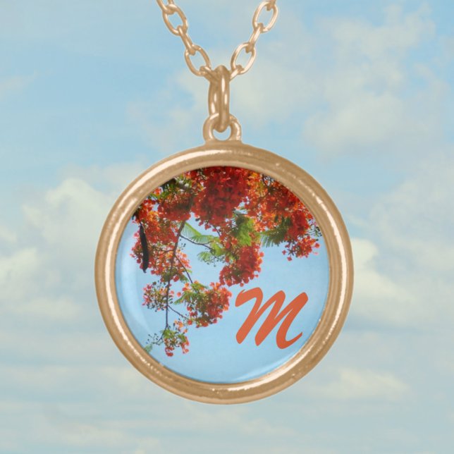 Flamboyant Royal Poinciana Floral Monogrammed Gold Plated Necklace (Creator Uploaded)