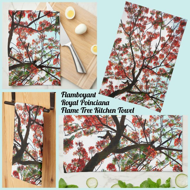 Flamboyant Royal Poinciana Tree Red Black White Kitchen Towel (Creator Uploaded)