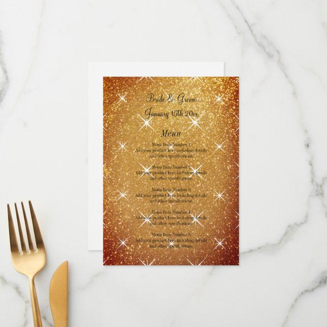 Flamboyant sparkly gold glitter glamorous wedding menu (Front/Back In Situ)