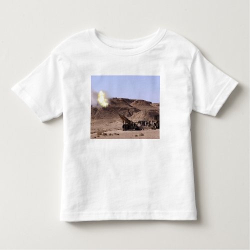 Flame and smoke emerge from the muzzle toddler t_shirt