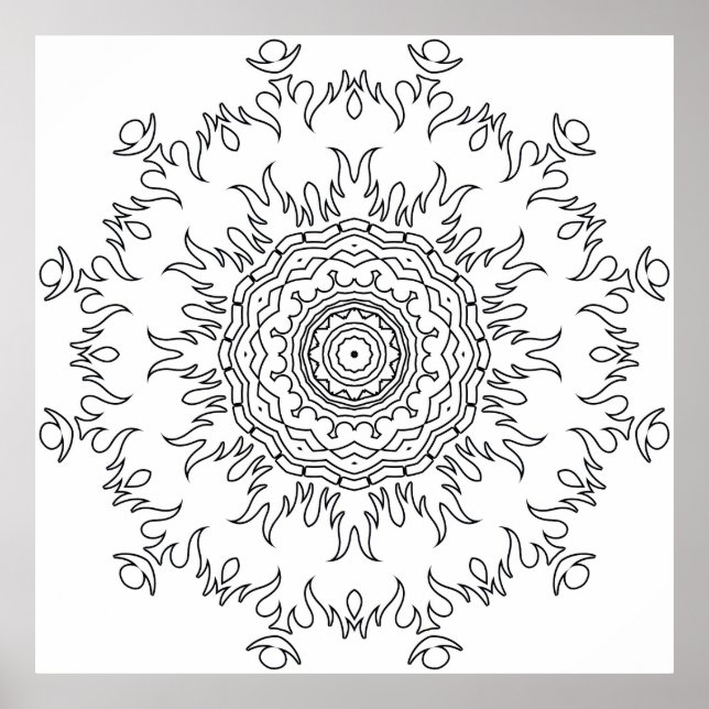 Flame Burst Mandala Coloring Page Intricate Art Poster (Front)