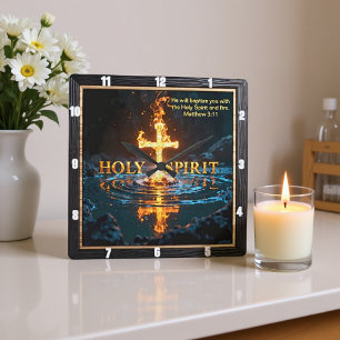 Flame Cross Water Reflection Spirit Matthew 3:11 Square Wall Clock