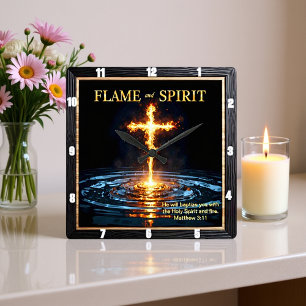 Flame Cross Water Spirit Baptism Matthew 3:11 Square Wall Clock
