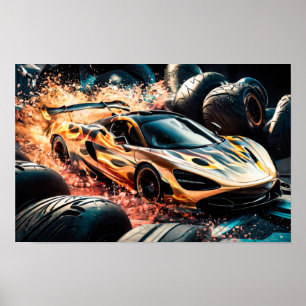 Flame Gold Racing Sports Car Drifting #3 Poster