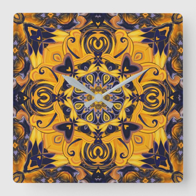 Flame Hearts Blue and Gold Wall Clock (Front)