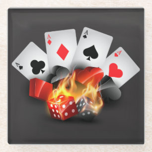 Flame Poker Casino Black Glass Coaster