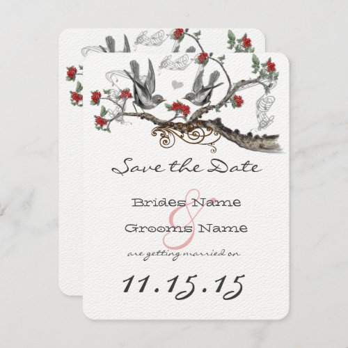Flame Red Gray Vintage Birds Wedding Save the Date Invitation