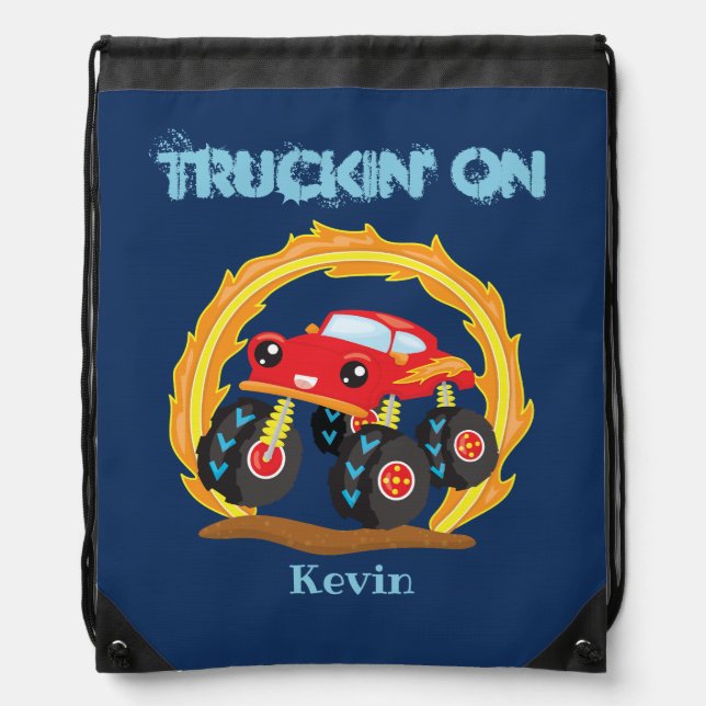 Flame Red Monster Truck Drawstring Bag (Front)