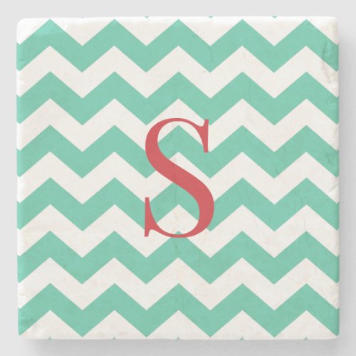 Flame Scarlet Biscay Green Chevron Monogrammed Stone Coaster