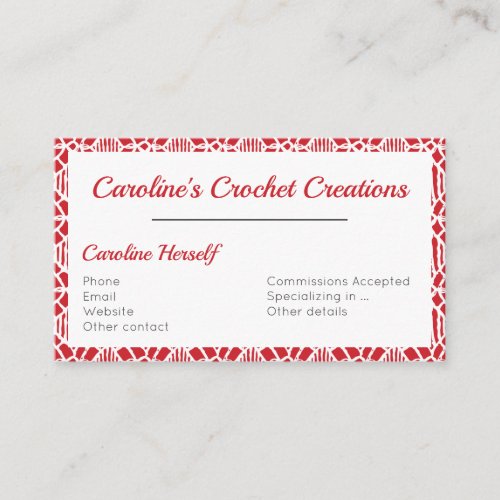Flame Scarlett With White Crochet Lace Pattern Business Card