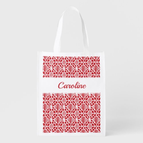 Flame Scarlett With White Crochet Lace Pattern Grocery Bag