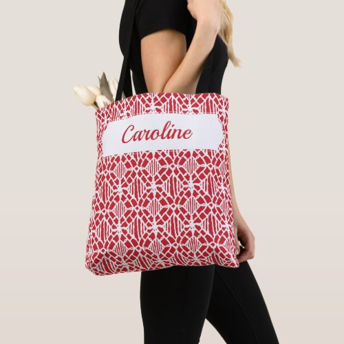 Flame Scarlett With White Crochet Lace Pattern Tote Bag