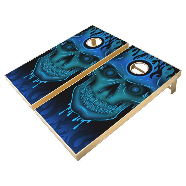 Flame Skull - Blue Cornhole Set (Angled)