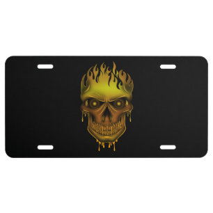 Flame Skull - Gold License Plate