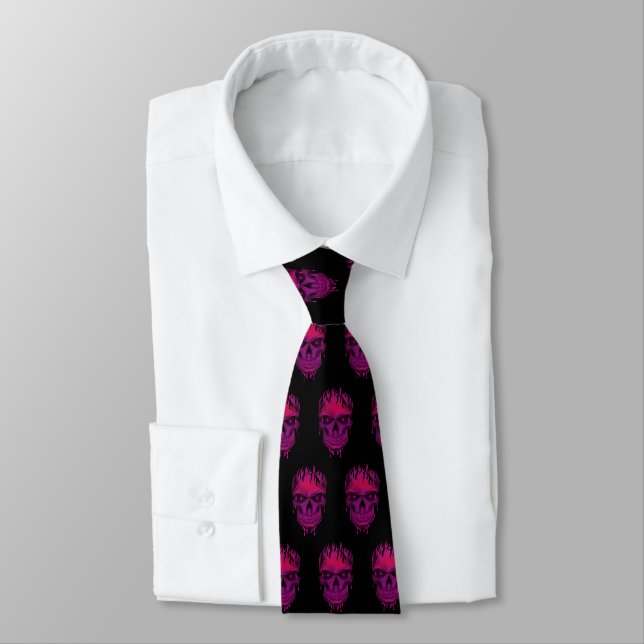 Flame Skull - Hot Pink Neck Tie (Tied)