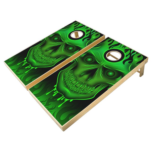 Flame Skull - Neon Green Cornhole Set (Angled)