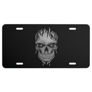 Flame Skull - Silver License Plate