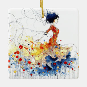 Flamenco Dancer in Flowing Multicolored Motion #1 Ceramic Ornament