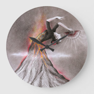 Flamenco dancing woman volcano surreal pencil art large clock