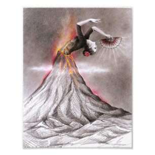 Flamenco dancing woman volcano surreal pencil art photo print