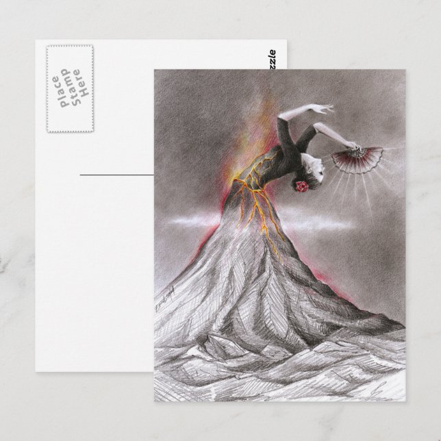 Flamenco dancing woman volcano surreal pencil art postcard (Front/Back)