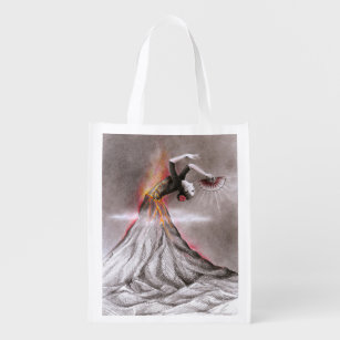 Flamenco dancing woman volcano surreal pencil art reusable grocery bag