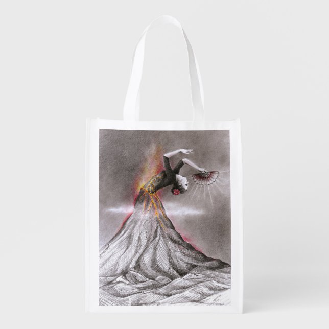 Flamenco dancing woman volcano surreal pencil art reusable grocery bag (Front)