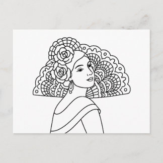 Flamenco Spanish Lady With Fan Ink art Drawing Holiday Postcard