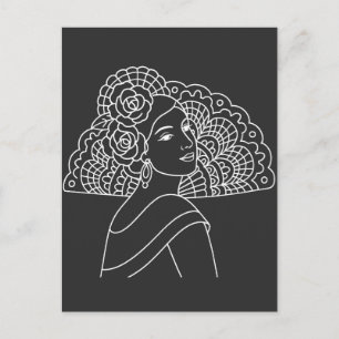 Flamenco Spanish Lady With Fan Ink art Drawing Postcard