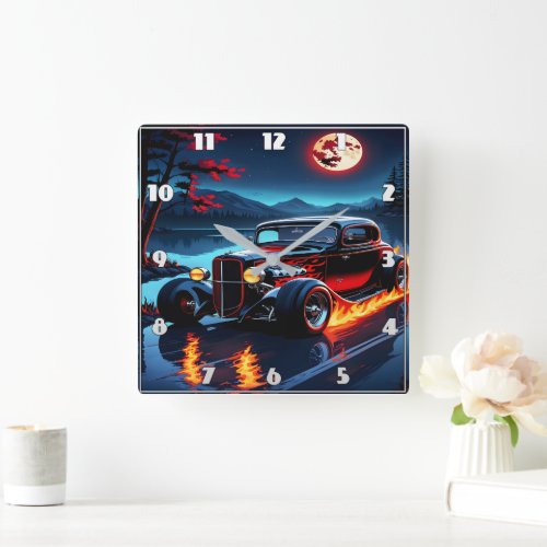 Flames and moonlight dance over a classic hot rod square wall clock