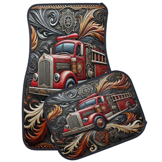 Flames and Truck Leather Art Car Floor Mat (Set)