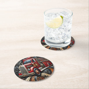 Flames and Truck Leather Art Round Paper Coaster