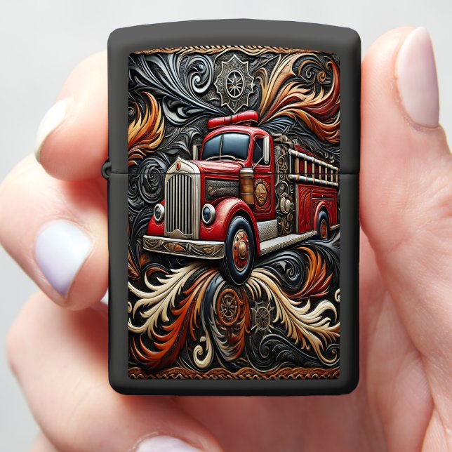 Flames and Truck Leather Art Zippo Lighter (In Hand)