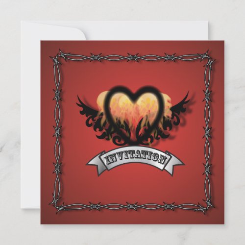 Flames Heart Rock N Roll Biker Wedding Invitation