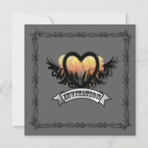 Flames Heart Rock N Roll Biker Wedding Invitation