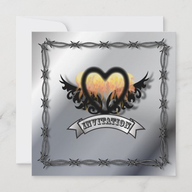 Flames Heart Rock N Roll Biker Wedding Invitation (Front)