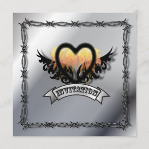 Flames Heart Rock N Roll Biker Wedding Invitation