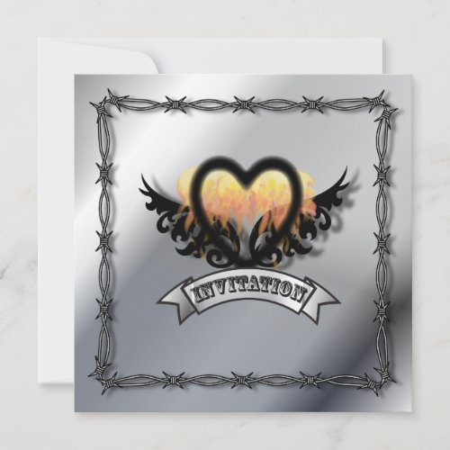 Flames Heart Rock N Roll Biker Wedding Invitation