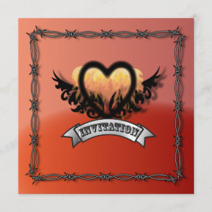 Flames Heart Rock N Roll Biker Wedding Invitation