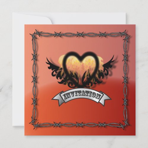 Flames Heart Rock N Roll Biker Wedding Invitation