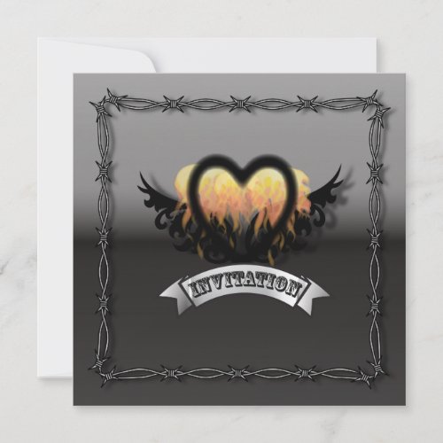 Flames Heart RockNRoll Biker Wedding Invitation