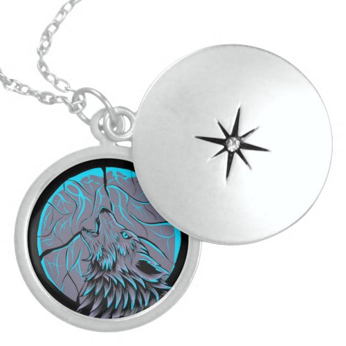 Flames Moon and Wolf Locket Necklace