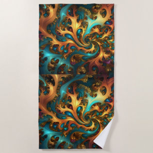 Flames of Color: Teal, Gold, Orange Fractal Dance Beach Towel