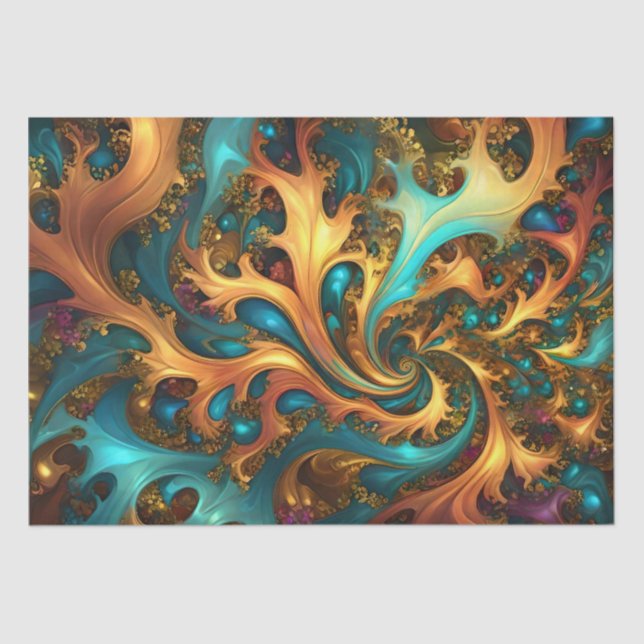 Flames of Color: Teal, Gold, Orange Fractal Dance Tissue Paper (Front)