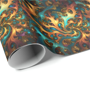 Flames of Color: Teal, Gold, Orange Fractal Dance Wrapping Paper