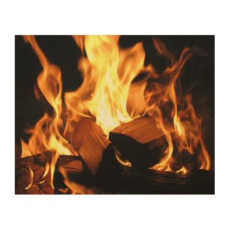 Flames on Burning Logs Wood Wall Art