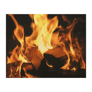 Flames on Burning Logs Wood Wall Art