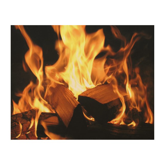 Flames on Burning Logs Wood Wall Art (Front)