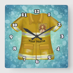 Flames Shield Firefighter Square Wall Clock