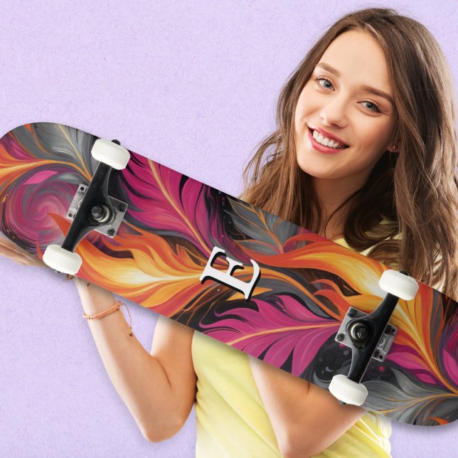 Flames Urban Street Art Graffiti Cool Monogrammed Skateboard (A stylish monogrammed skateboard, with flames design in pink, orange and charcoal gray)